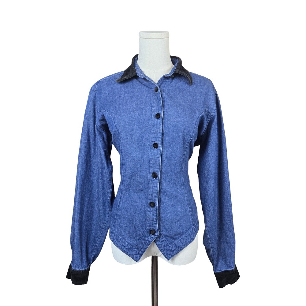 D'Angelo Vintage 90s Denim Button Up Shirt MD Blue Cotton Velvet Trim Western